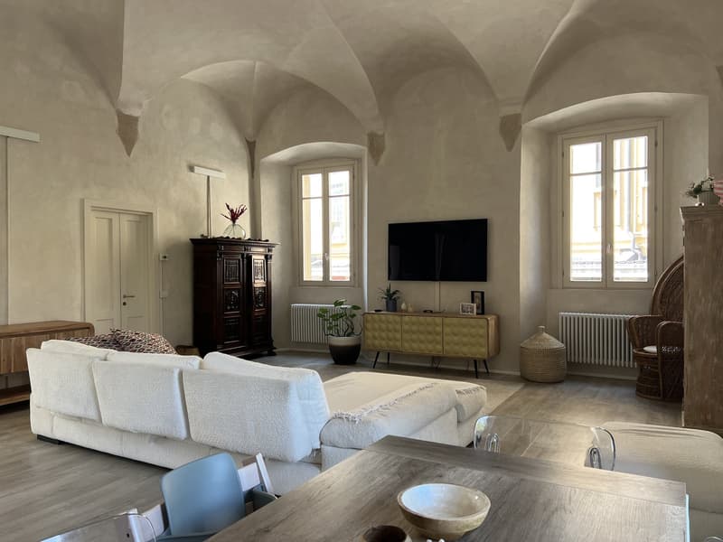 vaulted ceilings, white walls, white couch, television, wooden table, cabinet, radiator, window, radiator, chair