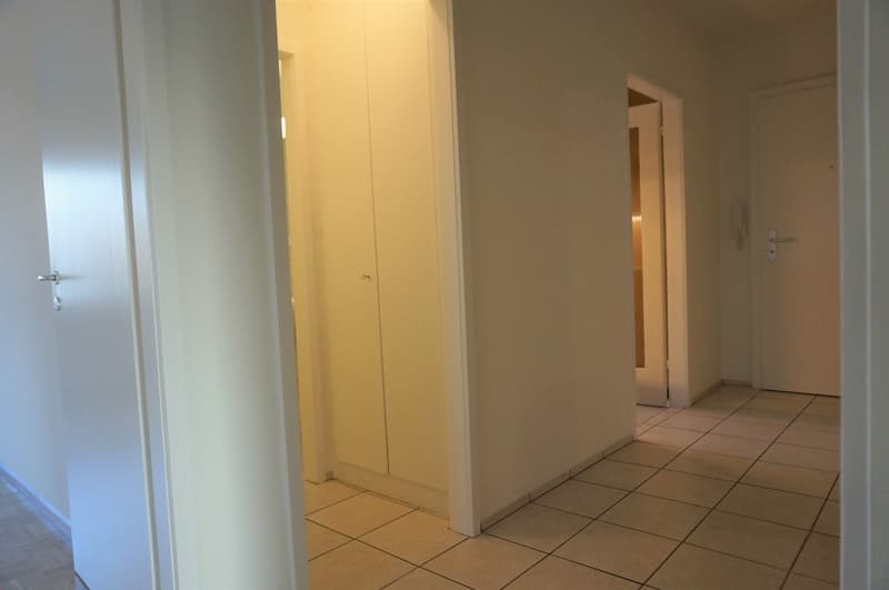 empty room, tiled floor, white walls, closet, entrance doors