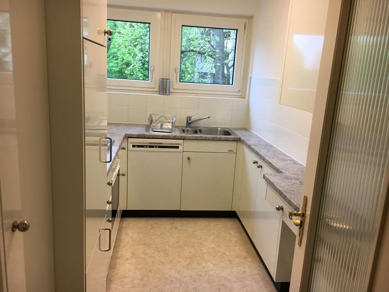 kitchen with white cupboards, granite countertops, integrated dishwasher, double sink, windows with trees outside