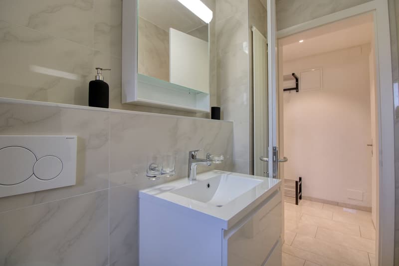 Bathroom: Modern bathroom with a vanity sink, marble tiles, mirror, black soap dispenser, glass shelves, faucet, white toilet cistern, wooden entrance, floor heating, white and beige tiles.