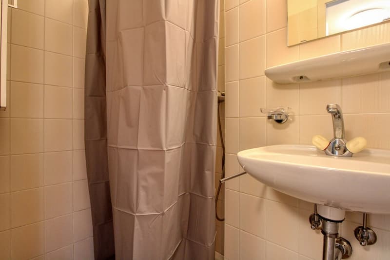 Tiled walls, shower, mirror, sink, faucet, curtain