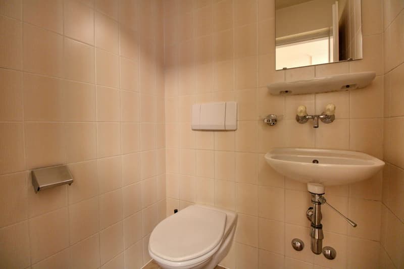 A bathroom with tiled walls, white toilet, mirror above a sink, wall-mounted soap dish, and towel bar.