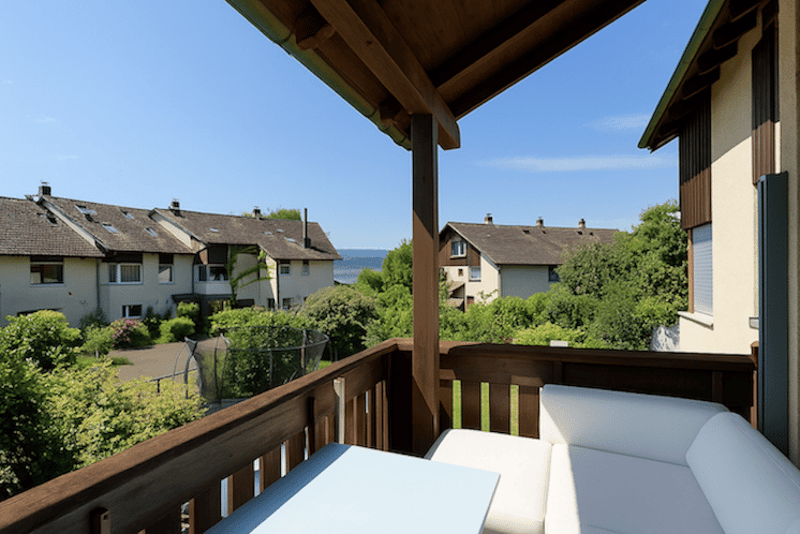 Terrace with sofa, tables, wooden railing, overlooking garden and horizon