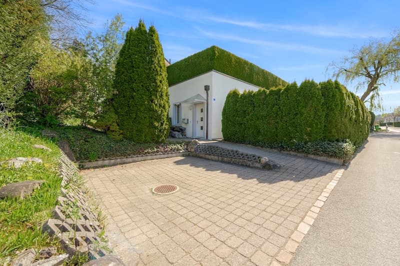 Single story building, white exterior, green hedges, small driveway, street view