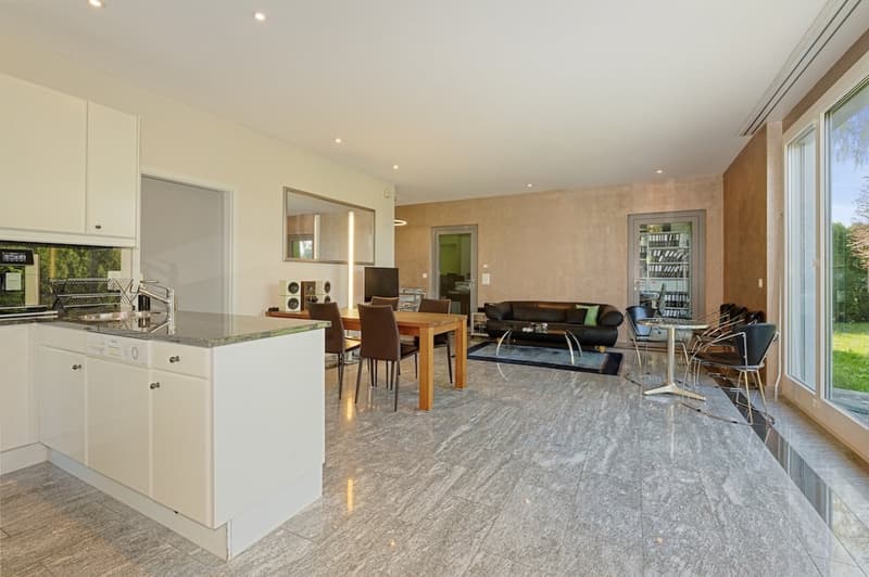 Kitchen with dining area, modern design, large windows, parquet flooring, large mirror, TV, dining table and chairs, couch, round table