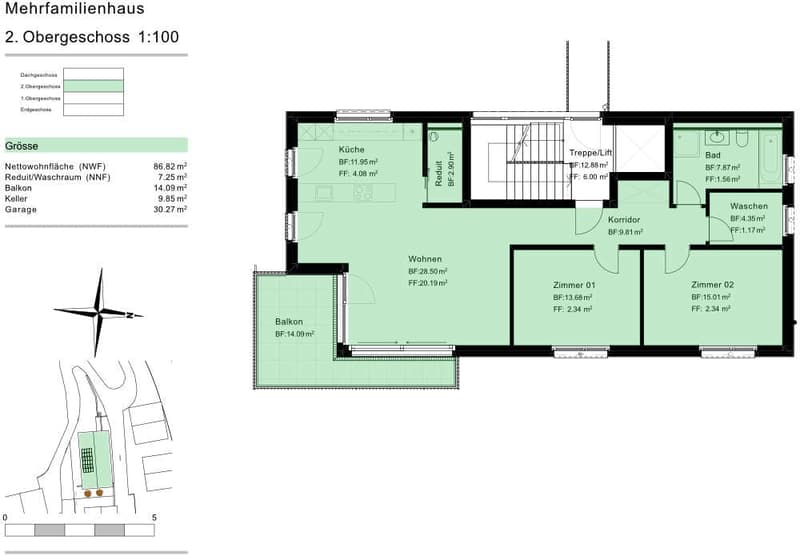 Floor plan of a two-story family house with kitchen, living room, 2 bedrooms, 2 bathrooms, balcony, corridor, and garage.