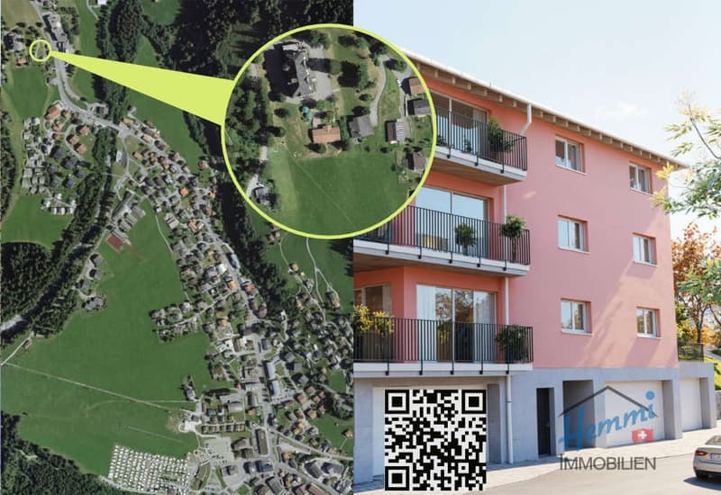 3-story building, pink exterior, multiple balconies, located in a rural area with a large green field