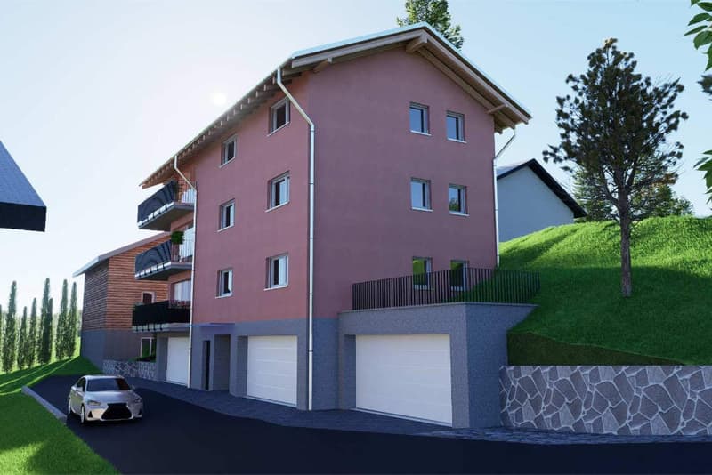 3 story house, pink exterior, 2 garages, balconies, car parked in front