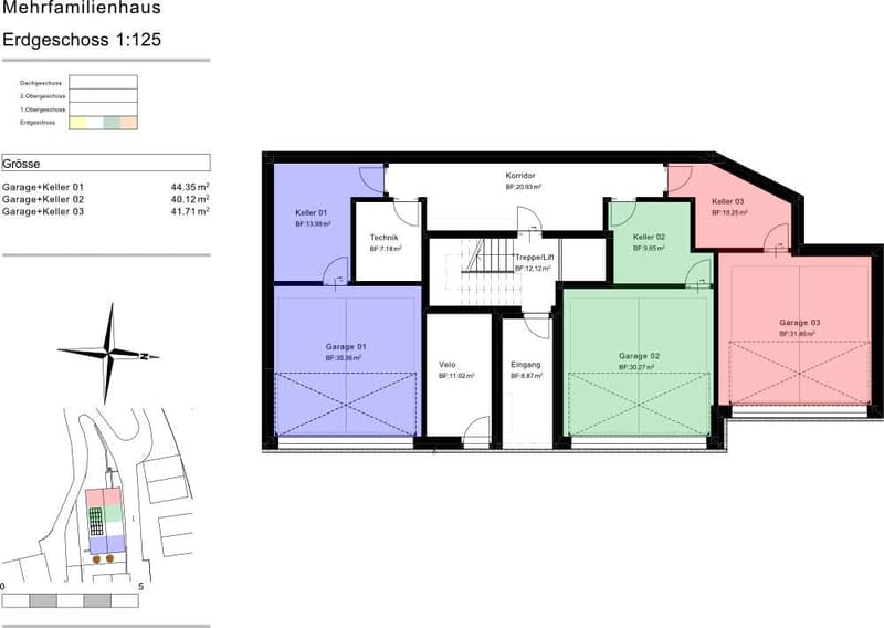 living room, kitchen, 3 bedrooms, 2 bathrooms, 3 garages, entrance, technical room, storage