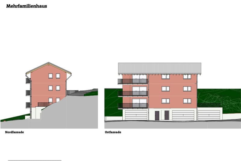 3 story building, balconies, garages