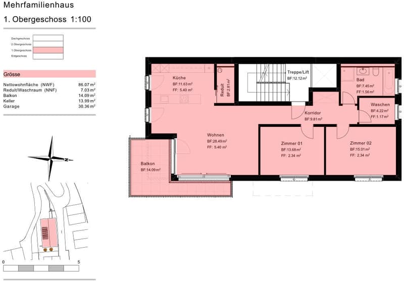 Living room, kitchen, 4 bedrooms, 2 bathrooms, balcony, corridor, storage room, garage