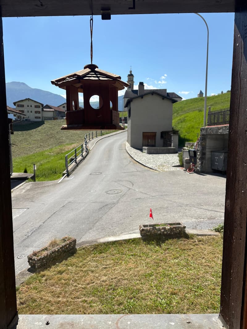 View of a road, a house, a grassy hill, and a mountain in the distance