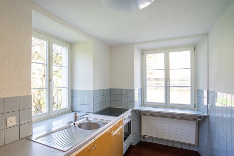 kitchen with sink, stove, oven, windows, tiled walls, radiator