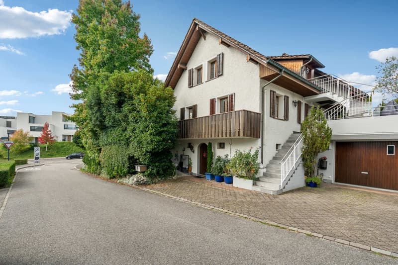 Detached house, 3 floors, white painted walls, brown roof, brick driveway, wooden garage door, brown balcony, plants, shrubs