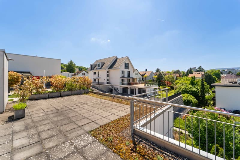 Aerial view of a residential house, brick walls, grey tiled roof, metal railings, multiple plants and trees, distant houses