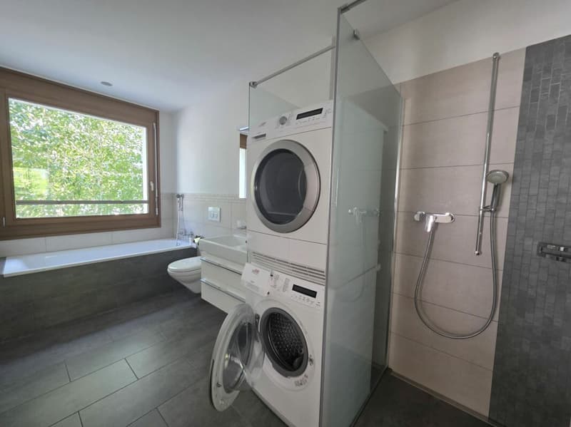 Badezimmer mit Dusche, Badewanne und Waschturm