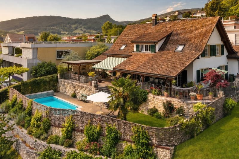 6.5++ Zi-Landhaus, WF 210 m², terrassierte Gartenanlage, Pool, Pergola, 760 m² GF, Panoramaweitsicht (10)