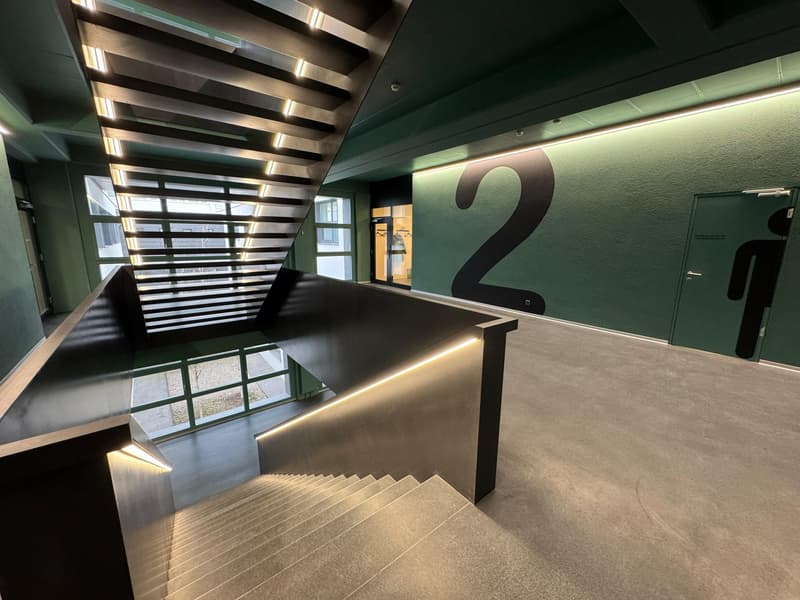 Modern staircase with black metal railings and steps, leading up to a second floor. The walls are painted in a dark green color, and there are large windows allowing natural light to enter the space.