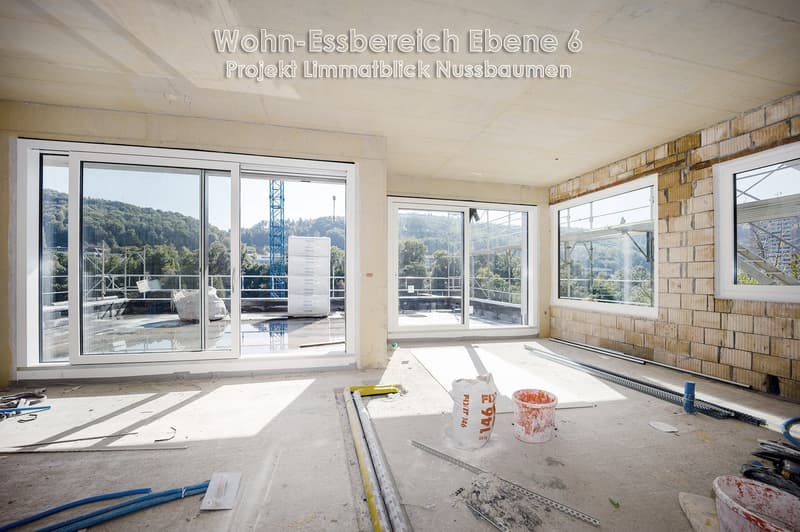 Large windows, open room layout, unfinished floor