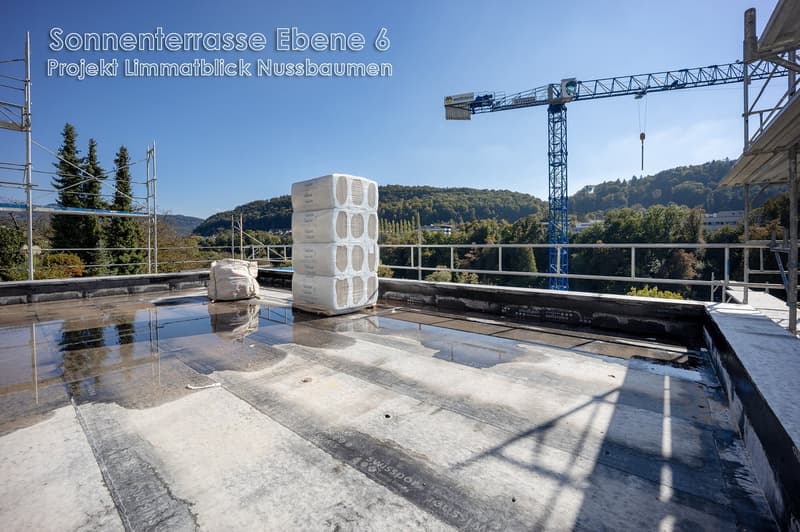 Building with roof, rooftop terrace with water, and a crane. Sunny weather, construction site, and trees in the background.