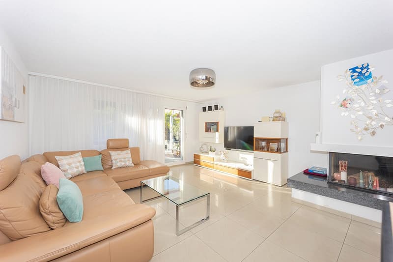 Leather sofa, throw pillows, center table, flat-screen TV, cabinet, fireplace