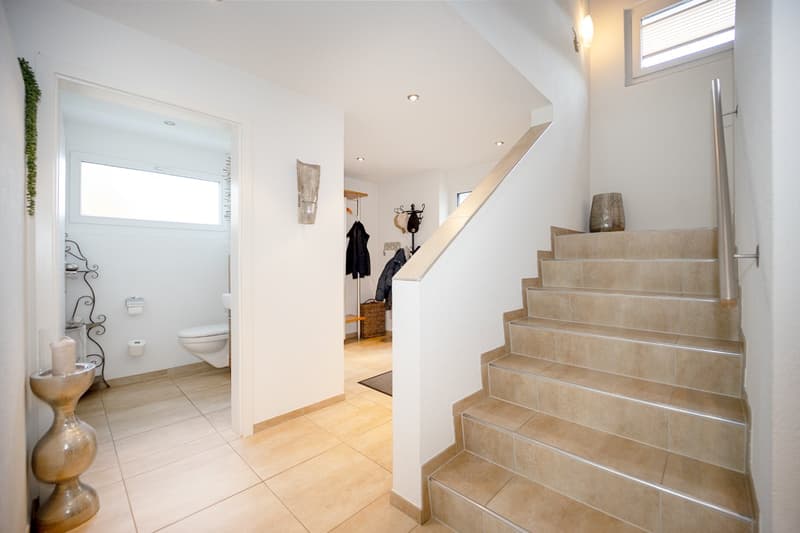 Entrance area with tiled floor, white walls, modern staircase, bathroom with toilet and sink, coat rack, and storage