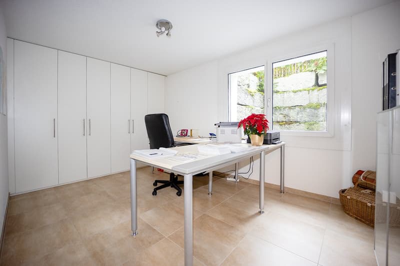 modern office desk, black office chair, printer on the table, flower vase, shelves, white walls, white floor