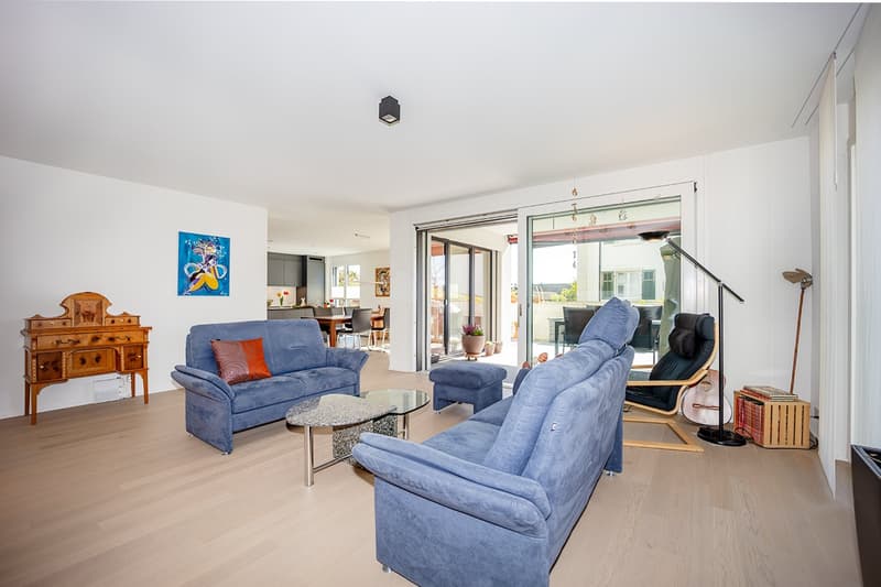 modern living room, blue sofas, glass coffee table, wooden cabinet, sliding glass doors, balcony