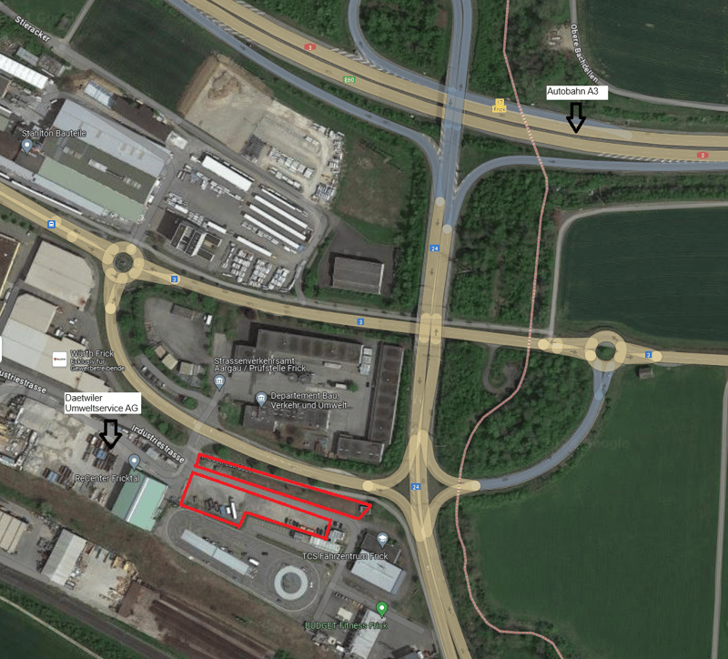 The map shows a junction with Autobahn A3, featuring various buildings, roadways, and facilities such as Daetiwiler Umweltservice AG, ReCenter Fricktal, and a car park next to TCS Fahrzeugum Frick.