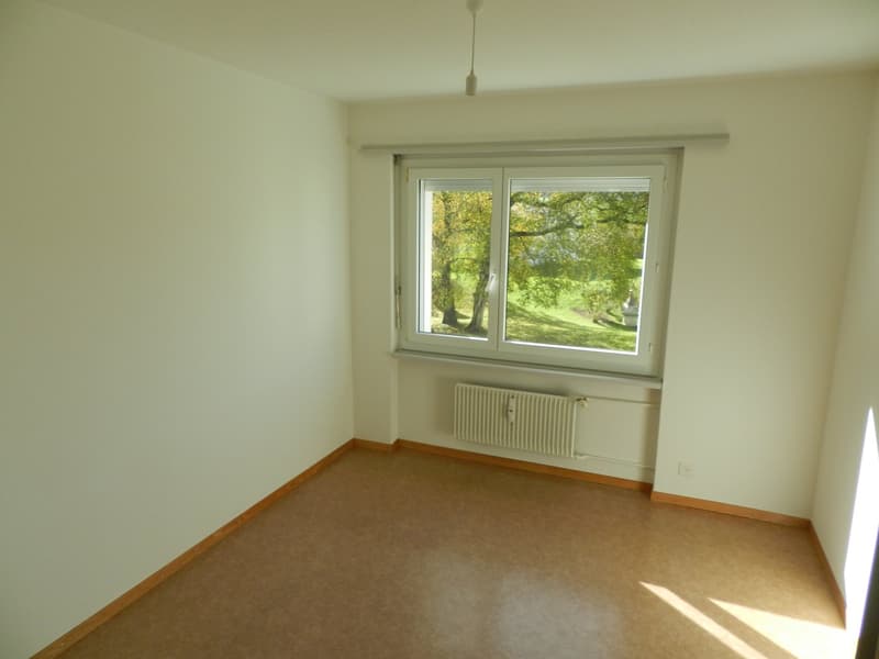 empty room, white walls, wooden floor, large window, radiator, outside view of trees and grass