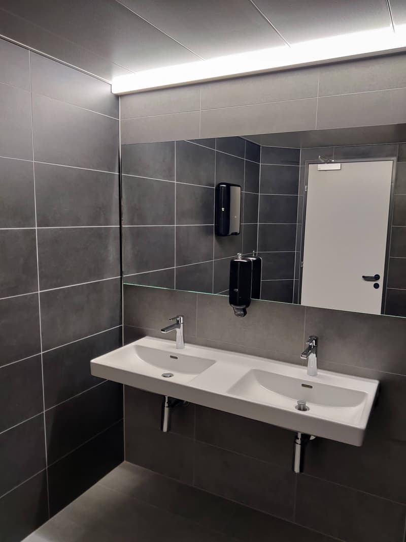 The image shows a modern bathroom with gray tile walls, a double sink vanity, and a white door. The bathroom appears to have a minimalist and clean design.