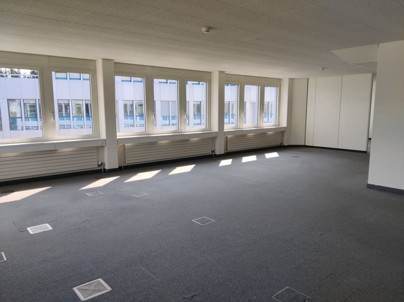 Large open office space with multiple windows, grey carpeted floor, and white walls. The room appears to be empty and ready for use.