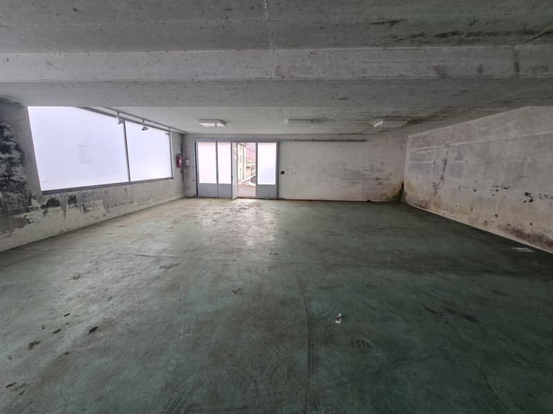 Empty basement room with concrete floors and walls, three large windows, an open door, fire extinguisher, ceiling lamps.