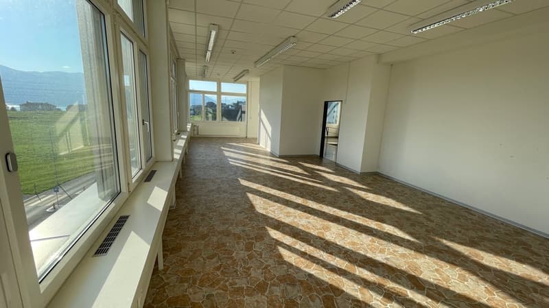 an empty hallway, large windows, stone floor, white walls, large mountain view from the window
