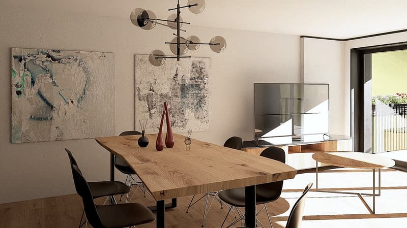 Modern style dining room with wooden table, black chairs, wooden floor, white walls, art pieces, and modern lighting. There is an open door to a balcony.