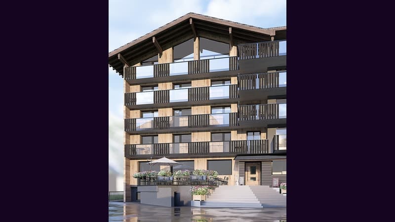 Modern multistory building, wooden balcony railings, multiple balconies, entrance staircases, umbrella on the balcony