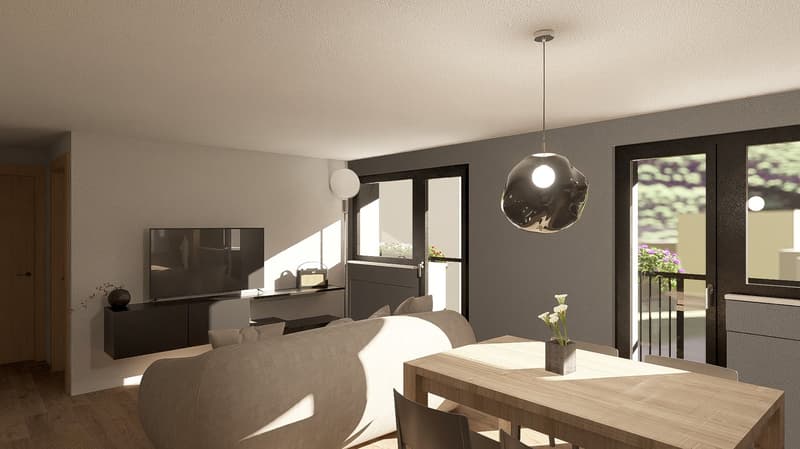 Balcony, large couch, dining table, TV, cabinets, chairs