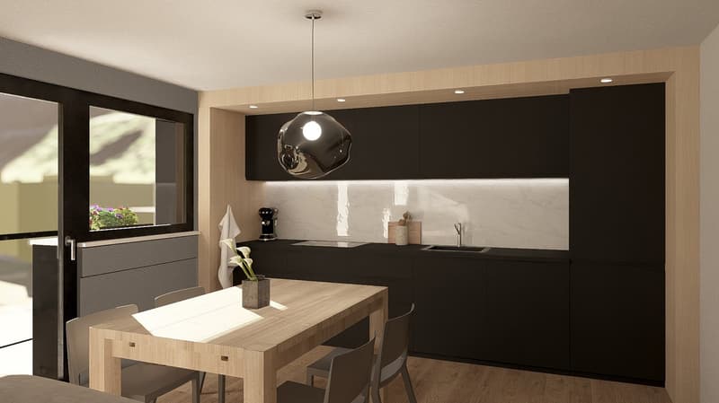 Wooden dining table, black cabinets, white marble countertops, hanging light fixture, white and purple flowers in the window sill, sink, faucet, kitchen appliance, a bouquet of white flowers on the table