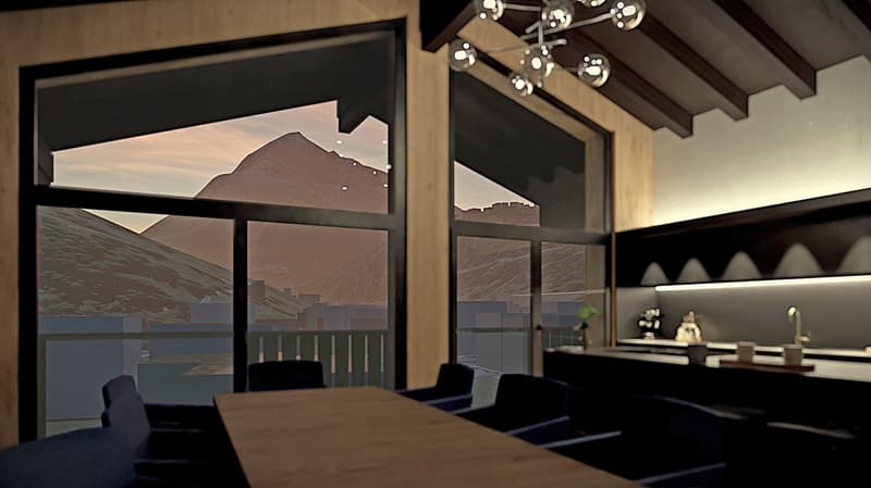 dining area, large windows with mountain view, wooden dining table, wooden wall, modern style
