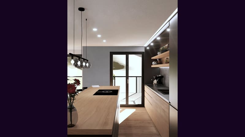 modern kitchen, wooden counter, white ceiling, balcony, pendant lights, built-in coffee machine