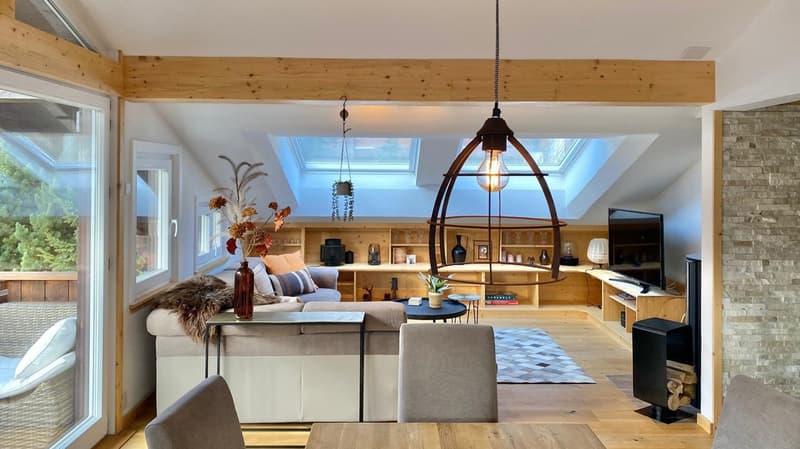 wooden floor, large windows, balcony, skylight, sofa, center table, dining table, fireplace