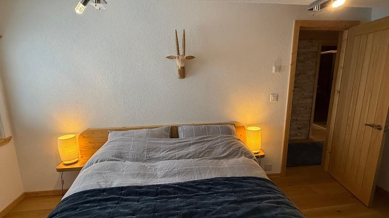 Bedroom with wooden bed, nightstands with lamps, blue bedding, wooden headboard, wooden floor, deer head decoration on the wall, white walls, closet on the other side of the room