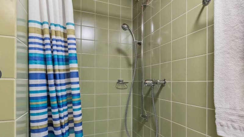 Bathroom with green tiles, shower curtain, shower head, soap dish, towel