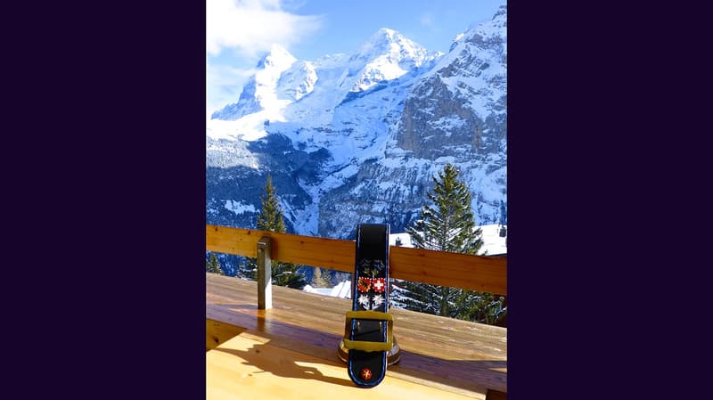 wooden bench, snowboard, wooden railing, snowy mountains