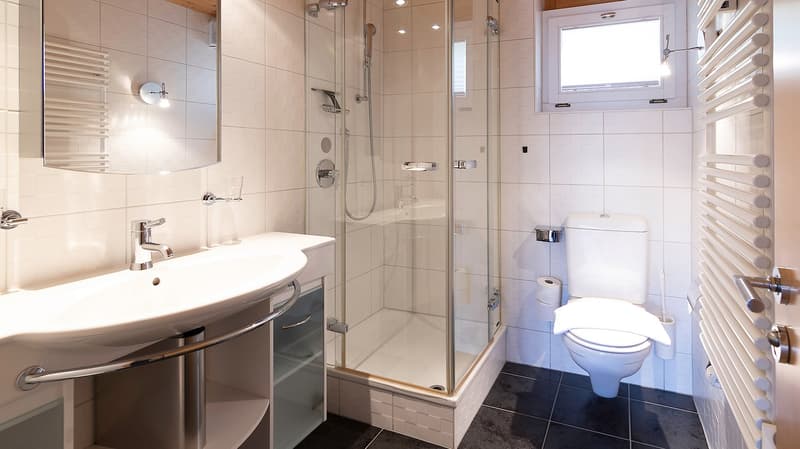 modern bathroom with white tiles, glass shower, white sink, white toilet, white radiator