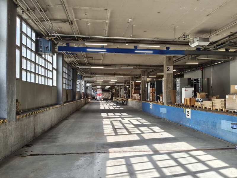 large warehouse with concrete walls, metal beams, large windows, and a long aisle