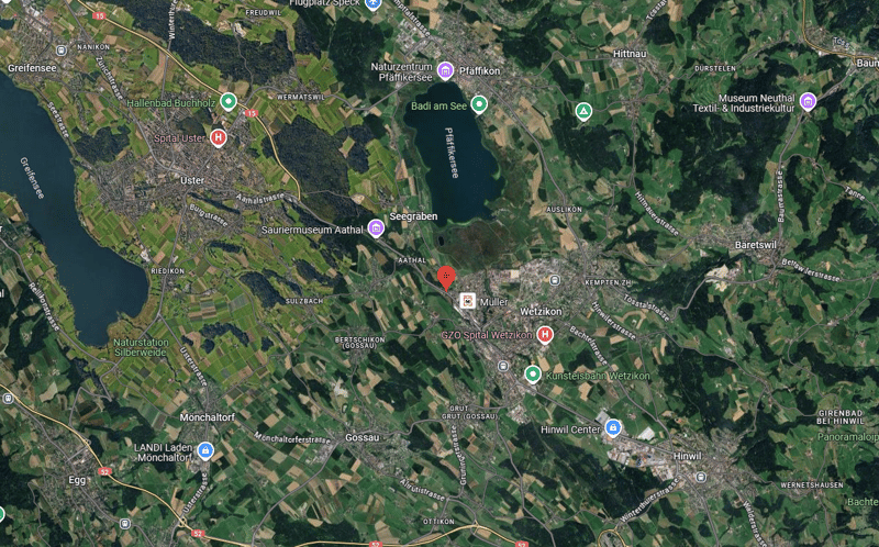 A map showing the location of various areas and landmarks such as the location of GZO Spital Wetzikon, a lake named Pfäffikersee, the Museum Neuthal Textil- & Industriekultur, the Spital Uster, the Wetzikon train station, and the Wetzikon center.