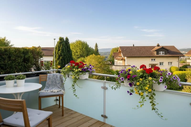 Wooden deck, wooden chairs, white table, balcony with metal railing, flowers in pots, residential view