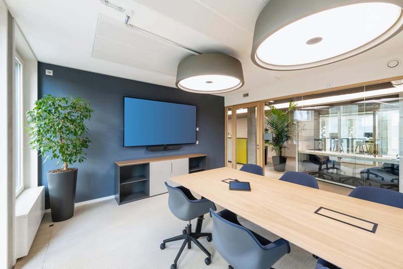 A meeting room with a long wooden table, six chairs, flat screen mounted on a wall, large gray lights, gray walls, white carpet, large floor-to-ceiling windows, two large potted plants.