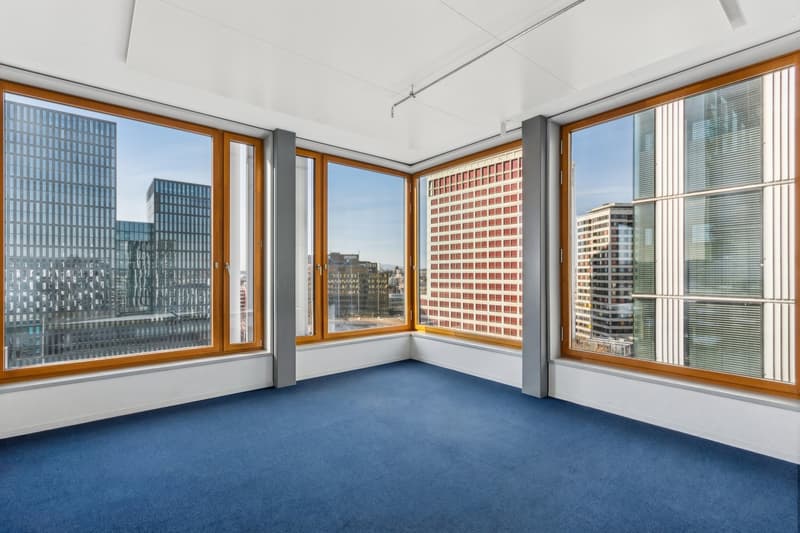 Wide, bright office space with windows and a blue carpeted floor
